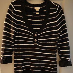 Arizona Jeans Co Womens Size Large black/white/gray Striped Sweater w/ buttons